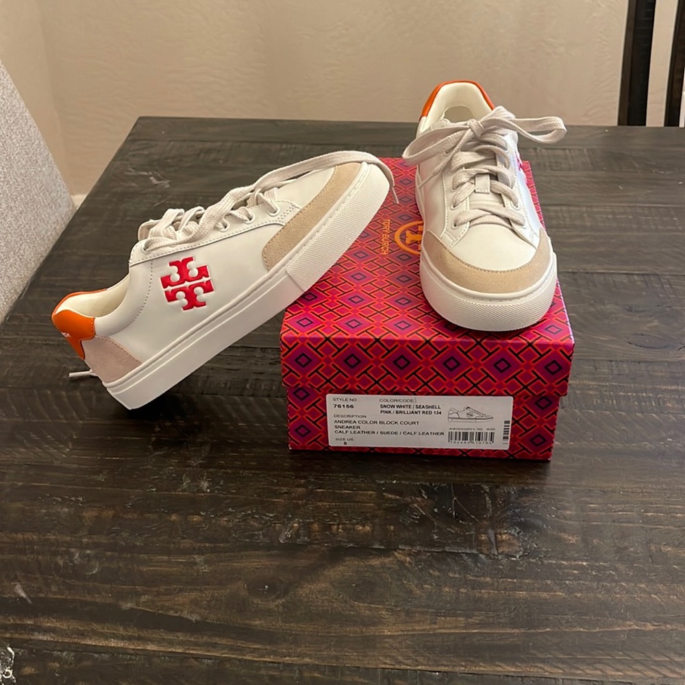 Tory Burch White Sneakers with Red Logo and Orange Heel Accent